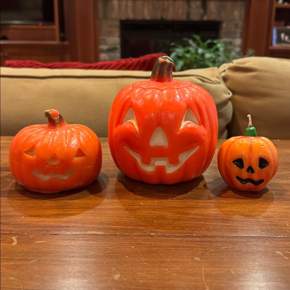 New GURLEY Rare Vintage Pumpkin Lot of 3 Candle Jack O Lantern Halloween Orange